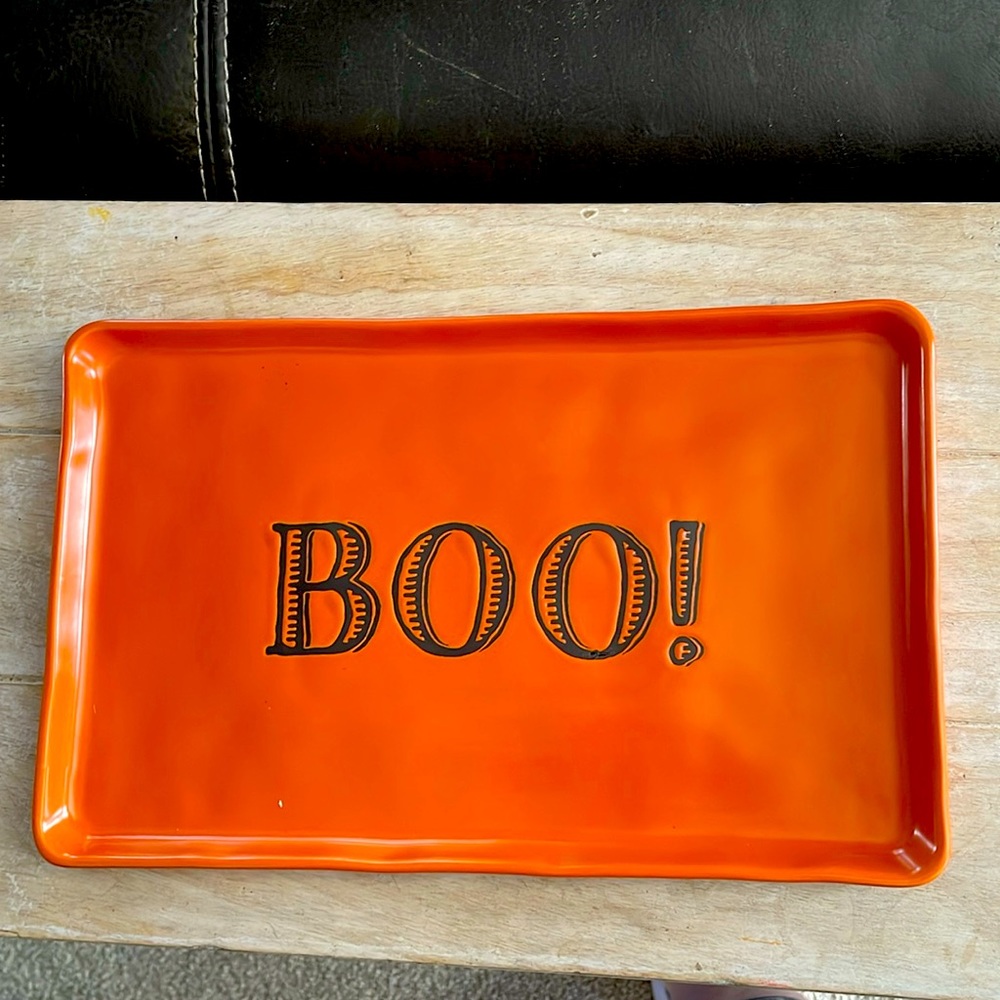 Halloween Boo platter. Orange with Boo in black.